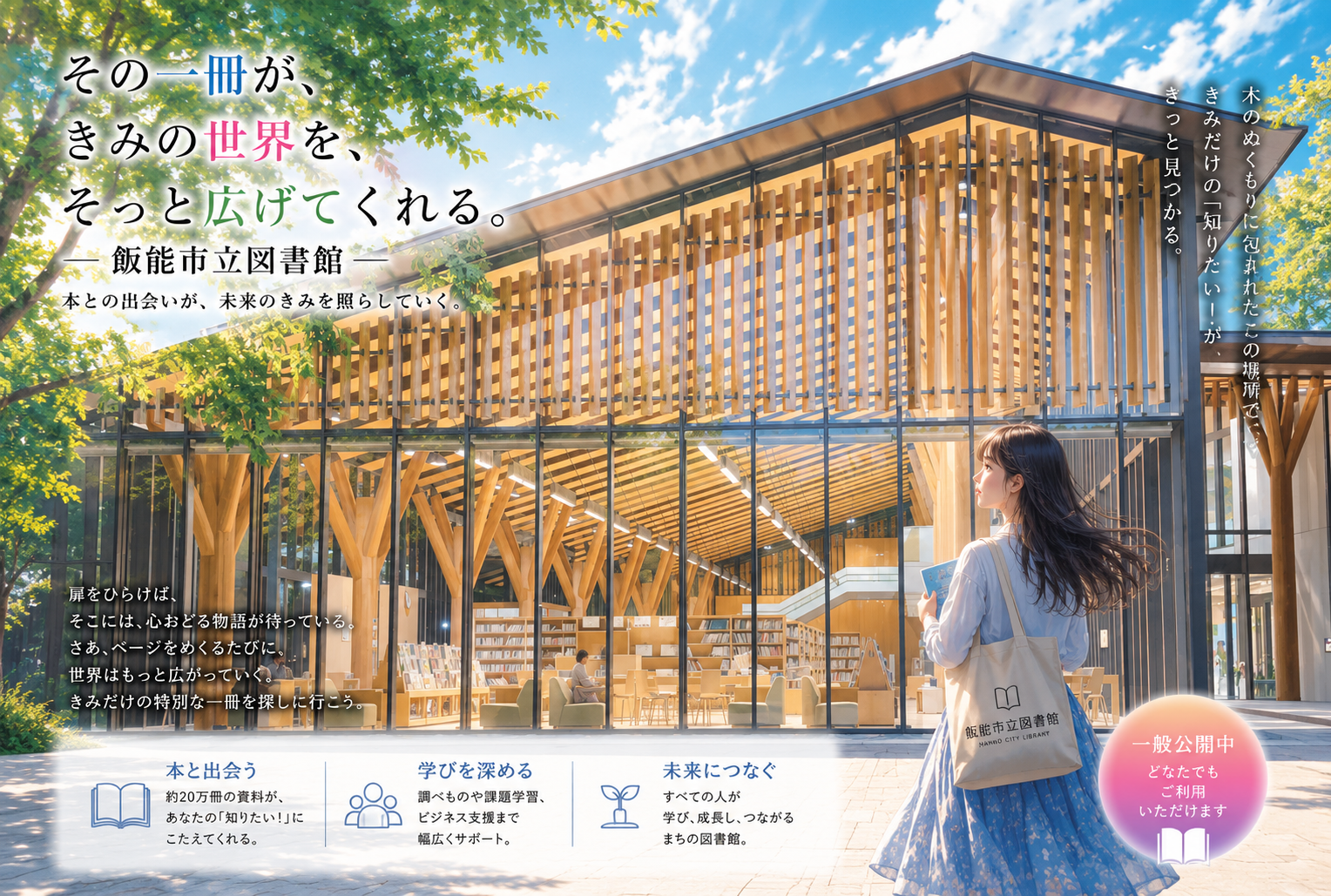 飯能市立図書館の外観イメージ（AIによるイラスト）
