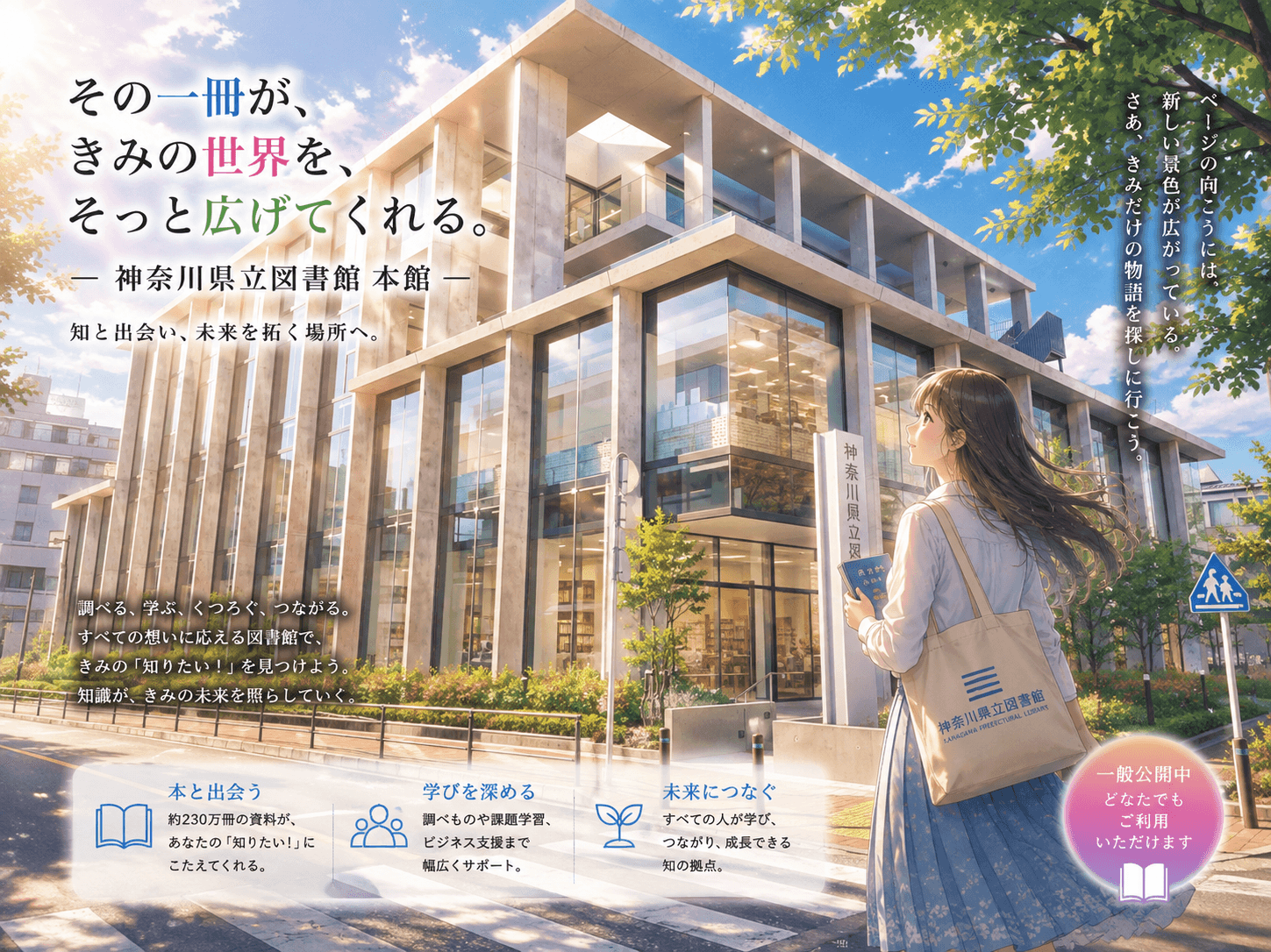 神奈川県立図書館本館の外観イメージ（AIによるイラスト）