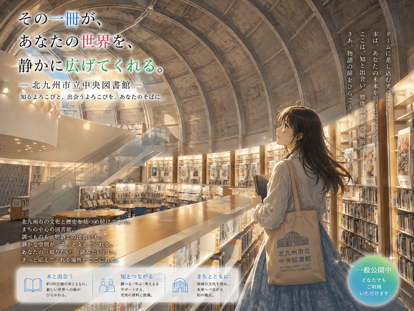 北九州市立中央図書館の外観イメージ（AIによるイラスト）