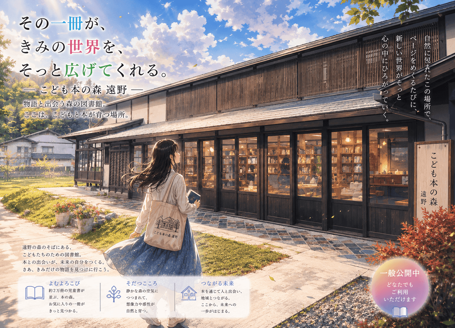 こども本の森 遠野の外観イメージ（AIによるイラスト）
