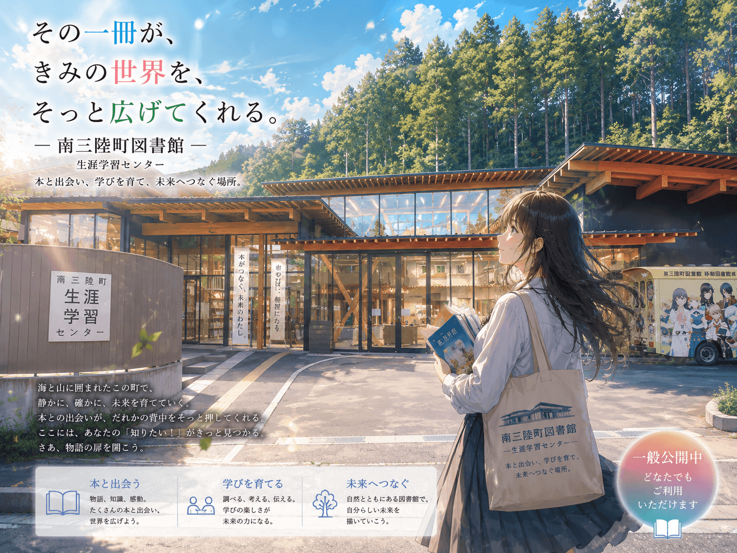 南三陸町図書館の外観イメージ（AIによるイラスト）