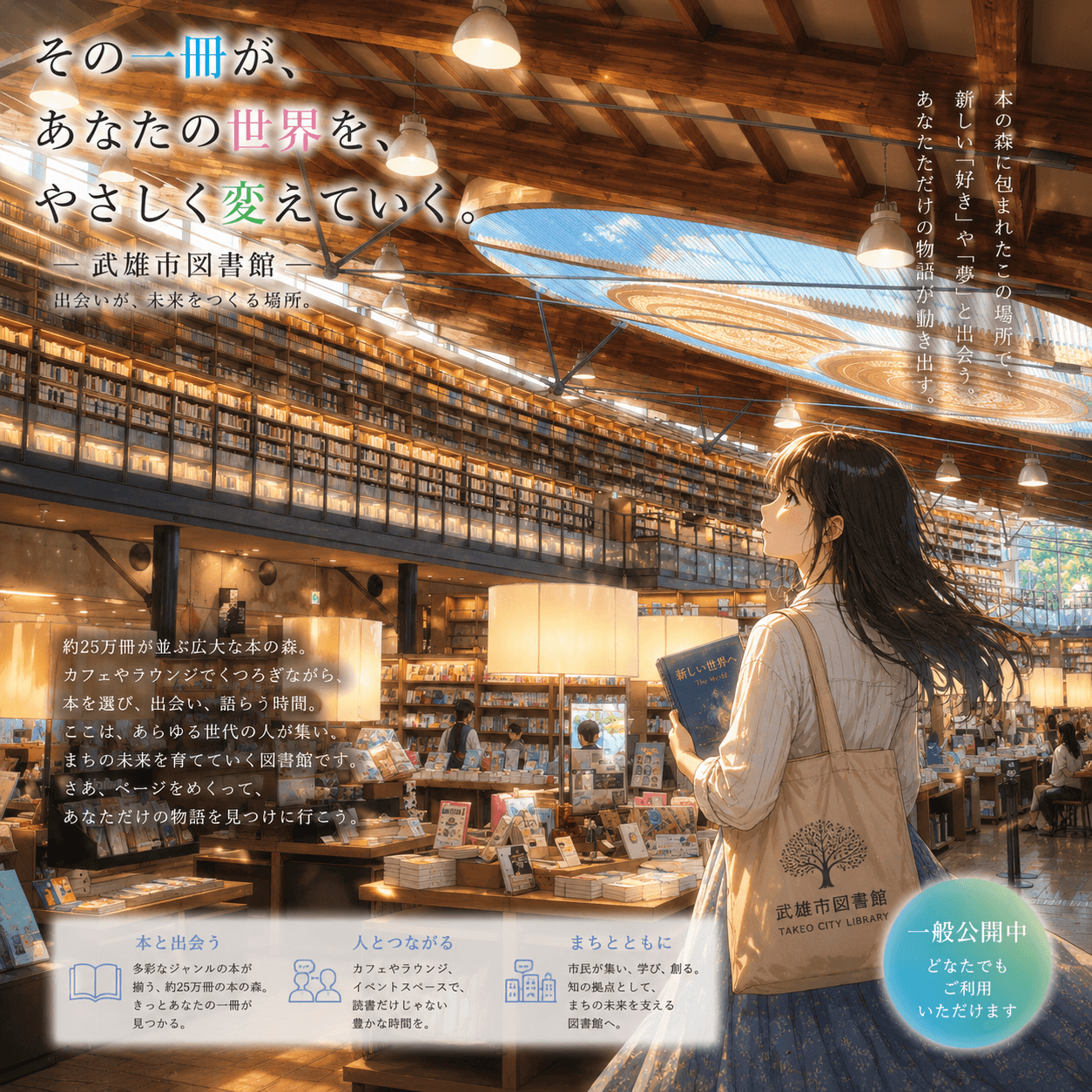 武雄市図書館の外観イメージ（AIによるイラスト）