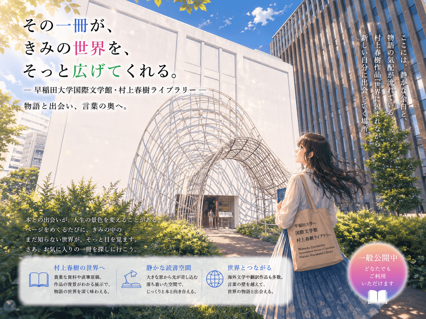 早稲田大学国際文学館（村上春樹ライブラリー）の外観イメージ（AIによるイラスト）