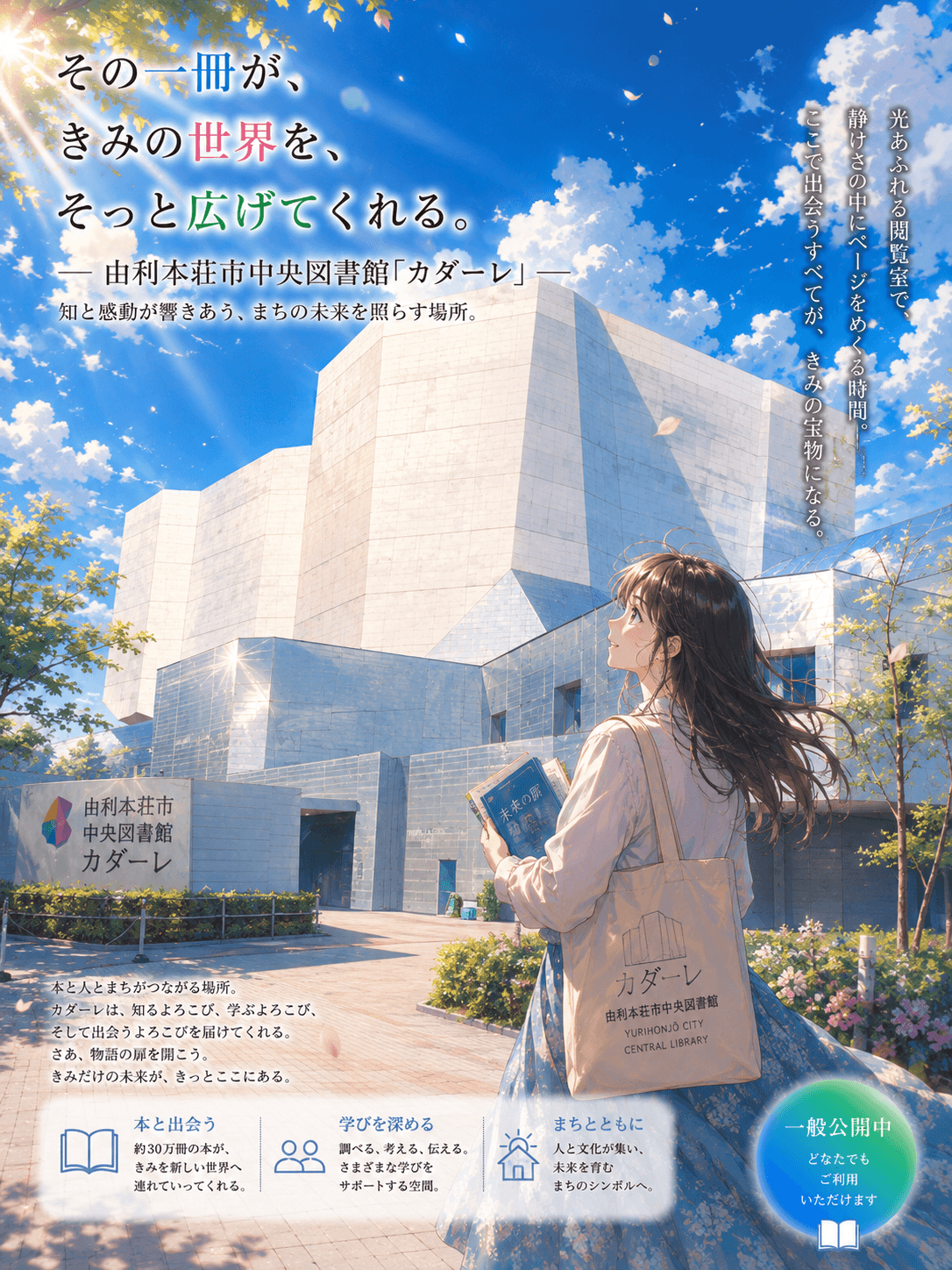 由利本荘市中央図書館カダーレの外観イメージ（AIによるイラスト）
