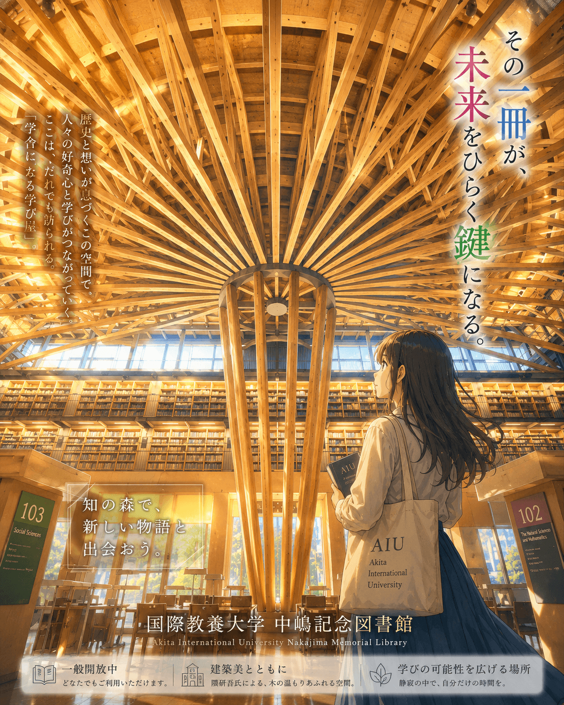 国際教養大学 中嶋記念図書館の外観イメージ(AIによるイラスト)