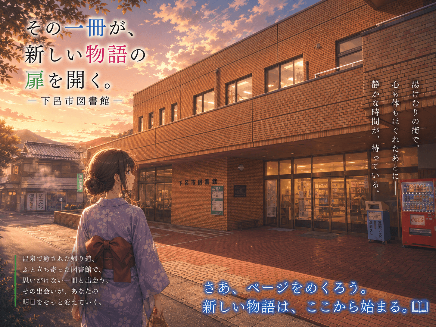 飛騨川沿いの温泉街を望む下呂市立下呂図書館のイメージ