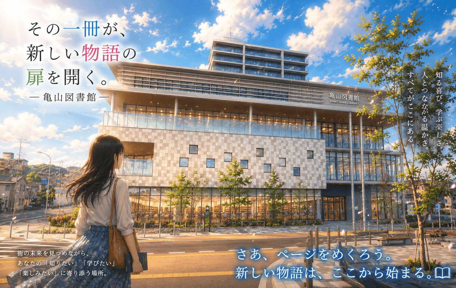 JR亀山駅前に建つガラス張りの亀山市立図書館のイメージ