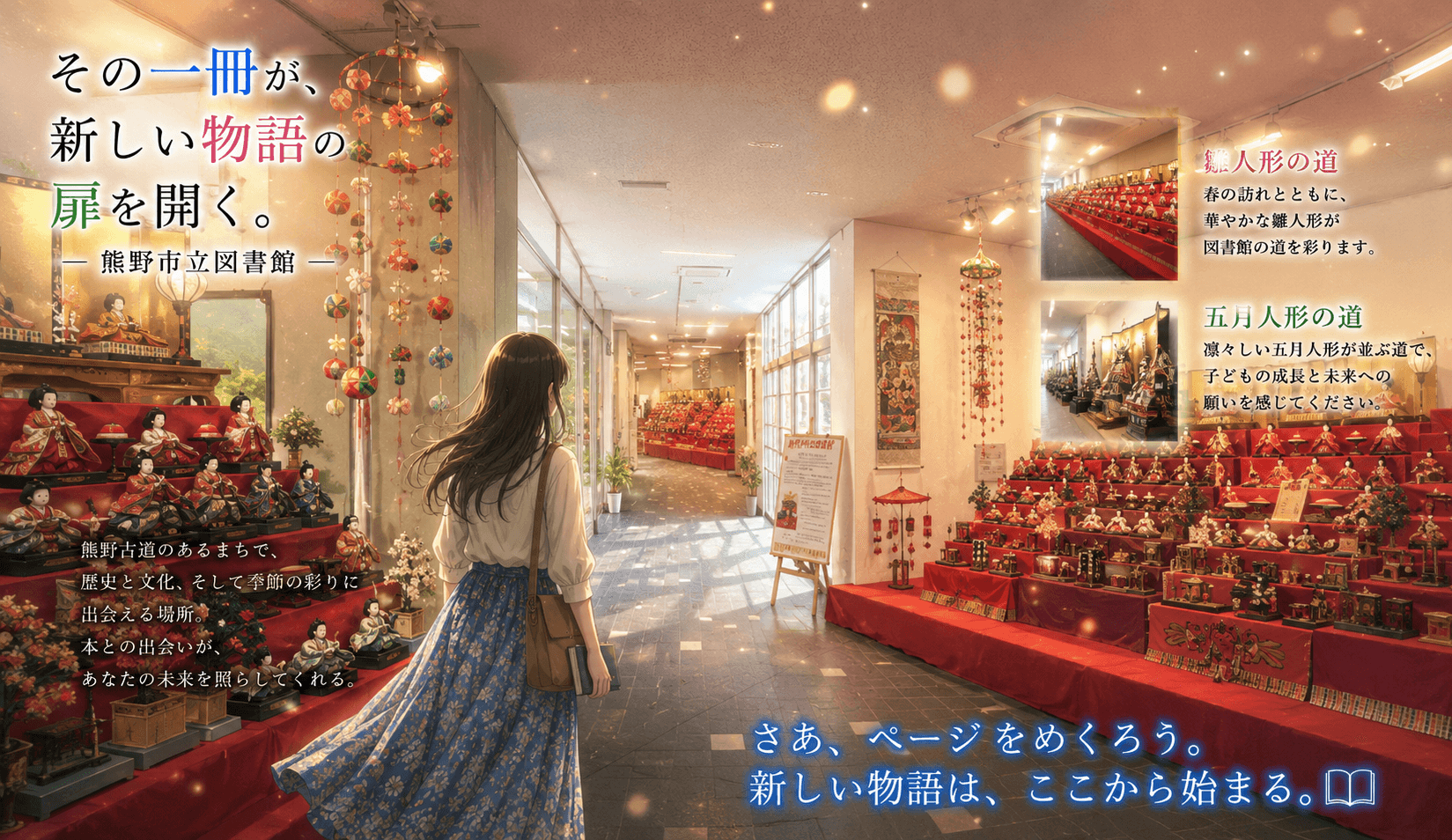 雛人形の段飾りが並ぶ通路の先に図書館が見える、熊野市文化交流センターのイメージ