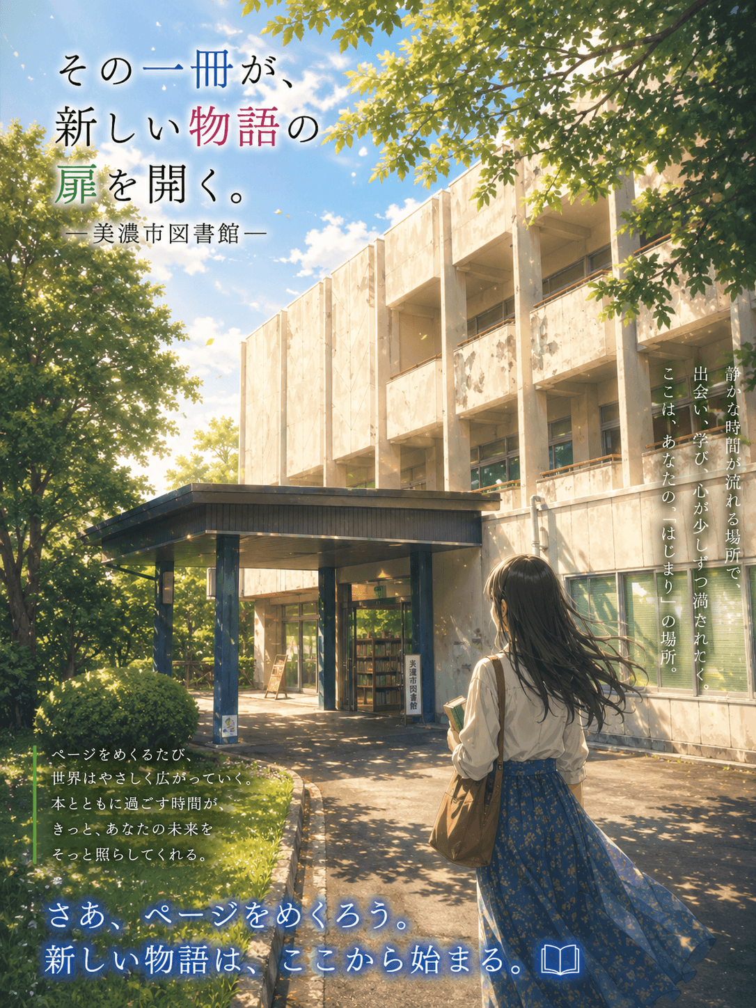 小倉公園の桜に囲まれた美濃市図書館のイメージ