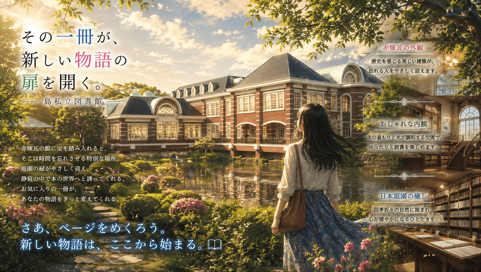 日本庭園に映えるレンガ造りの志摩市立図書館のイメージ