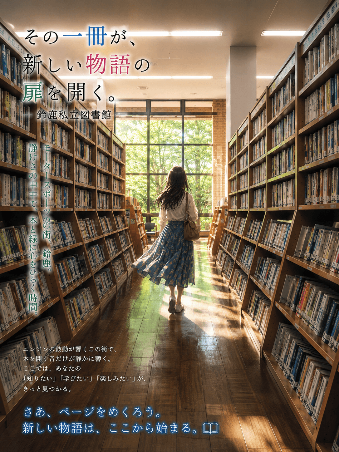 木張りの床に庭の緑が映り込む鈴鹿市立図書館のイメージ