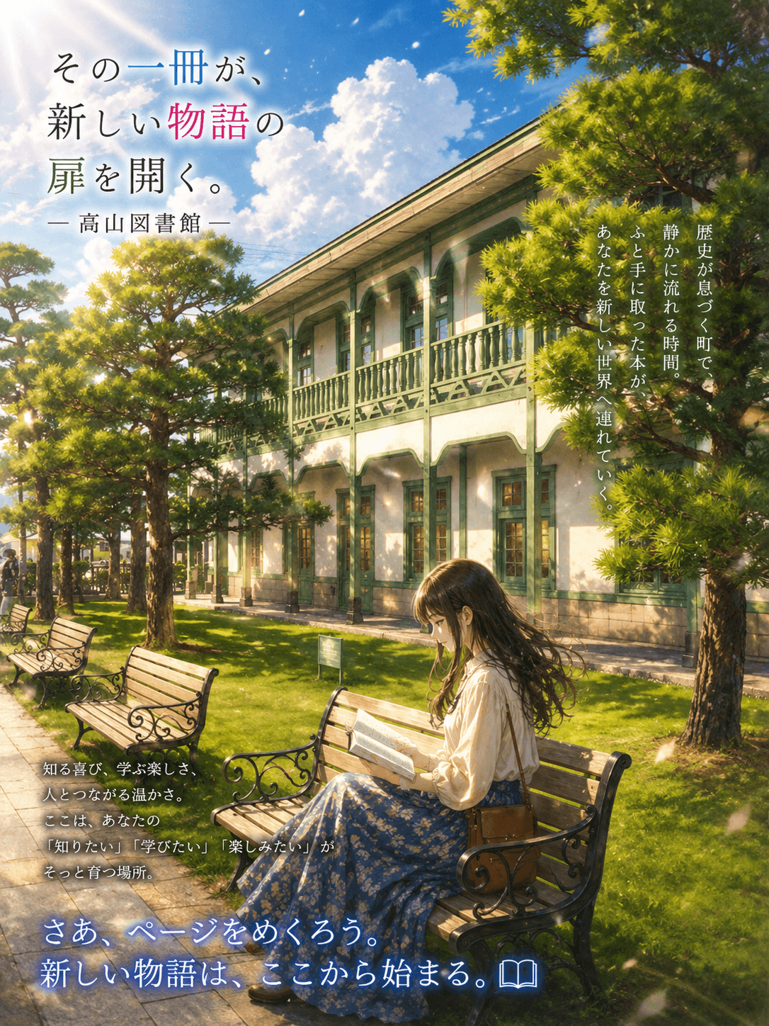 白壁に薄緑の柱と窓枠が映える洋館風の高山市図書館煥章館のイメージ
