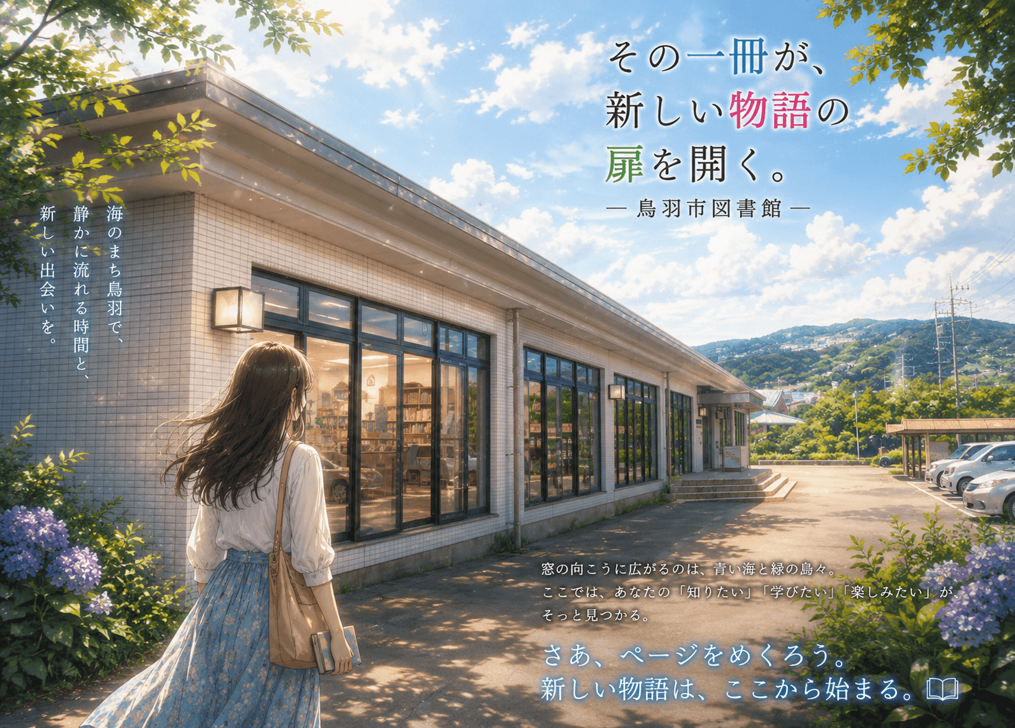 市民の森公園の緑に囲まれた鳥羽市立図書館のイメージ